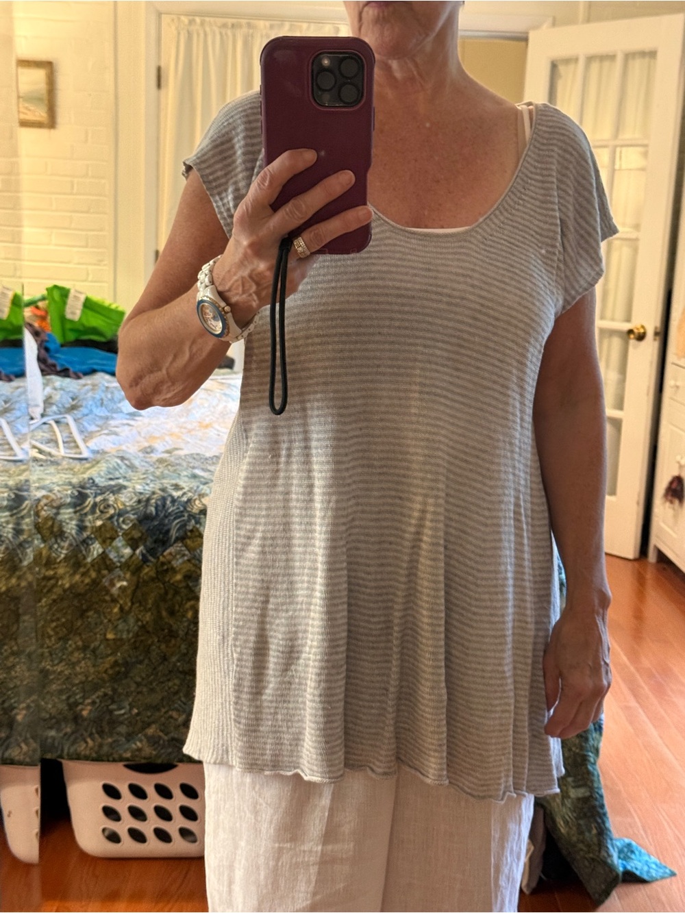 Eileen Fisher Light Gray Striped Scoop Neck Tunic